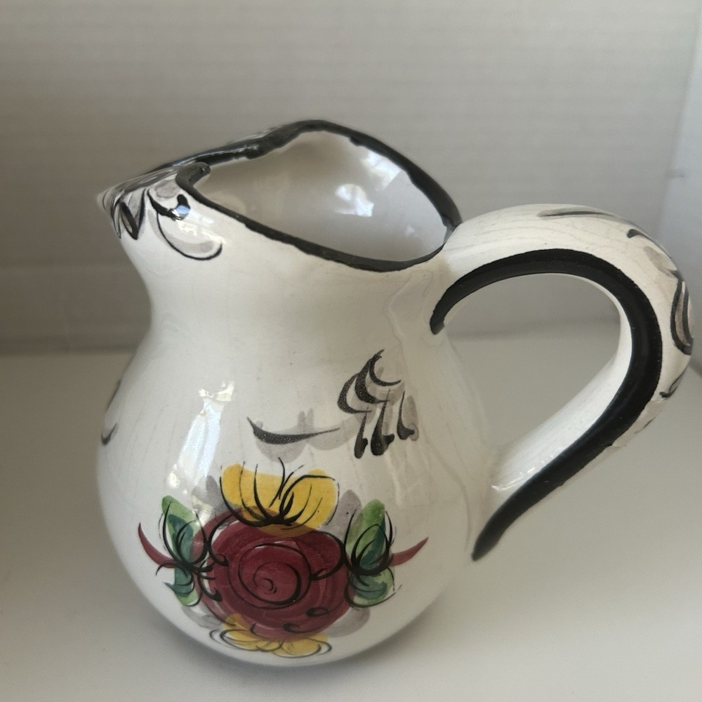 Hand Painted Ceramic Floral Mini Pitcher Glossy Pottery Portugal CG28